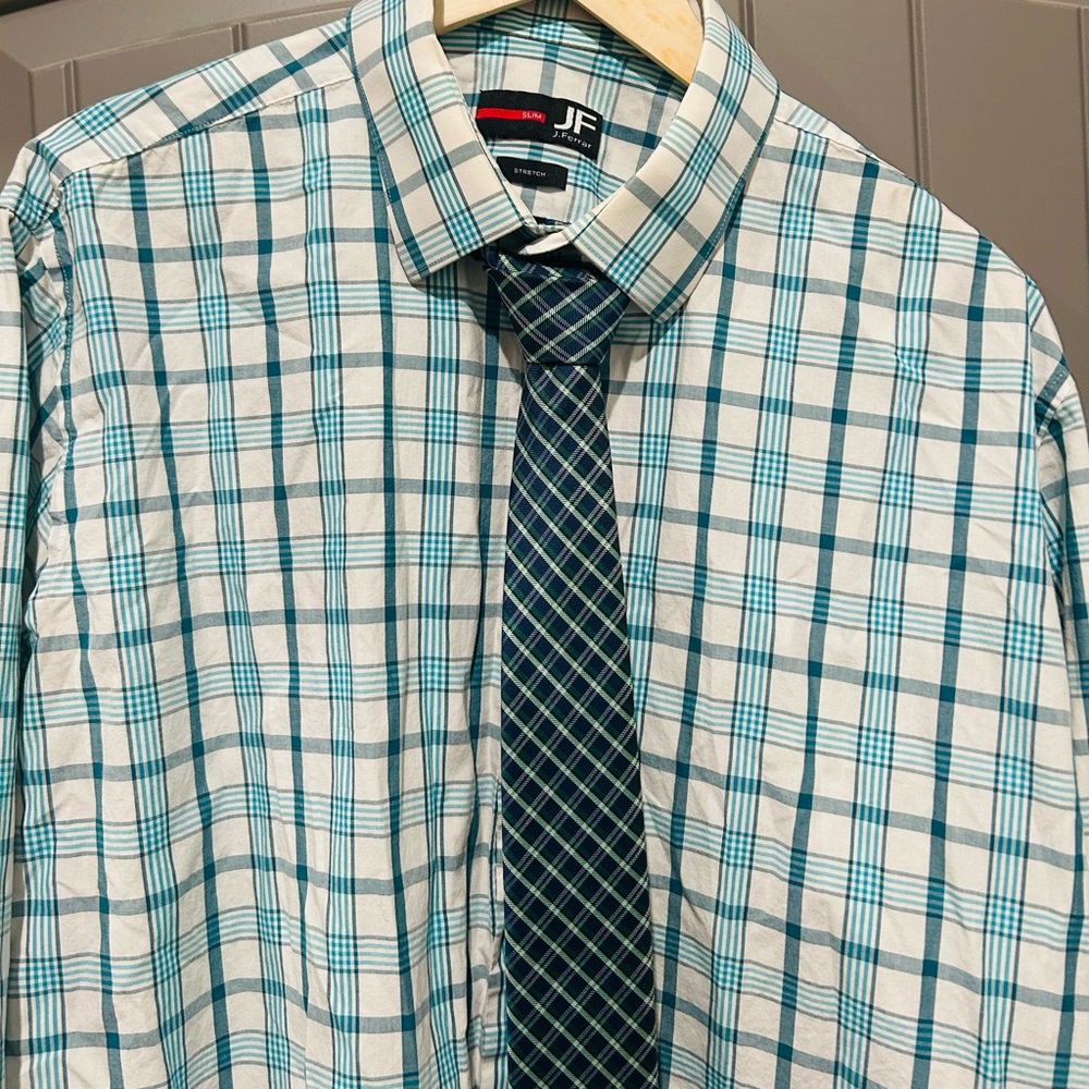JF J.Ferrar Teal and White Plaid Dress Shirt with MatchingTie